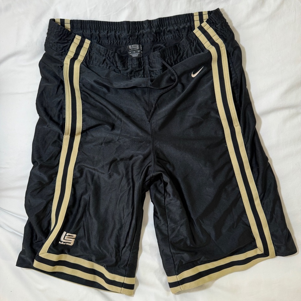 Nike Black LeBron Dazzle Basketball Shorts with Gold Stripes Shiny Y2K